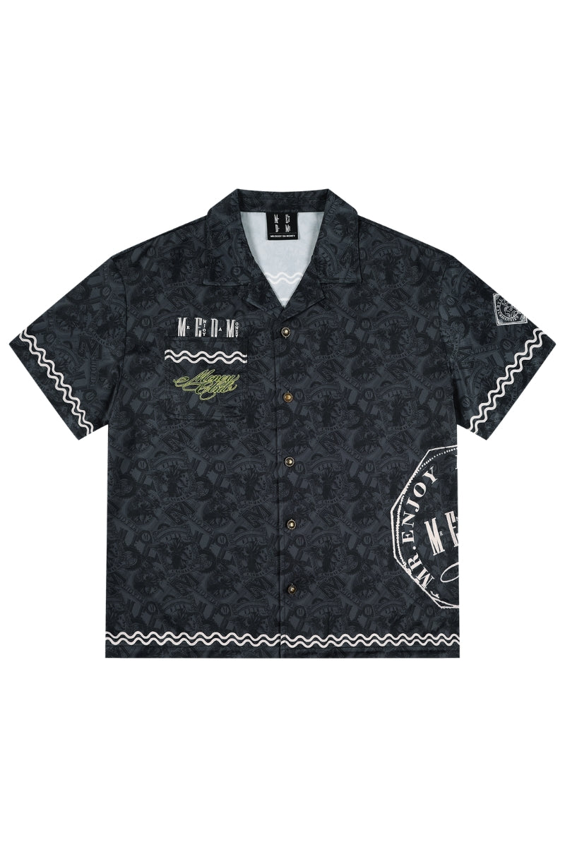 MEDM All Over Dollar Print Cuban Collar Embroidered Shirt