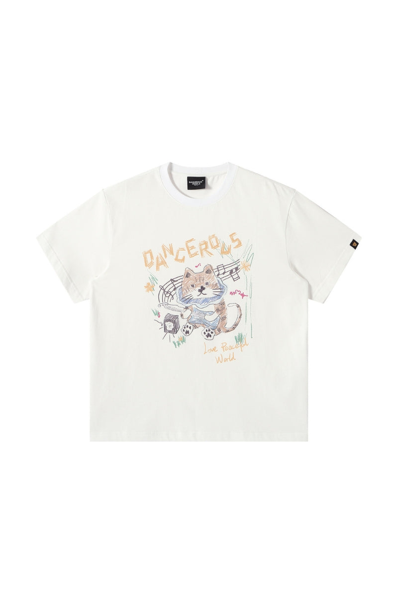 Dangerouspeople DSP Hand‑Drawn Guitar Cat Cotton Couple Tee