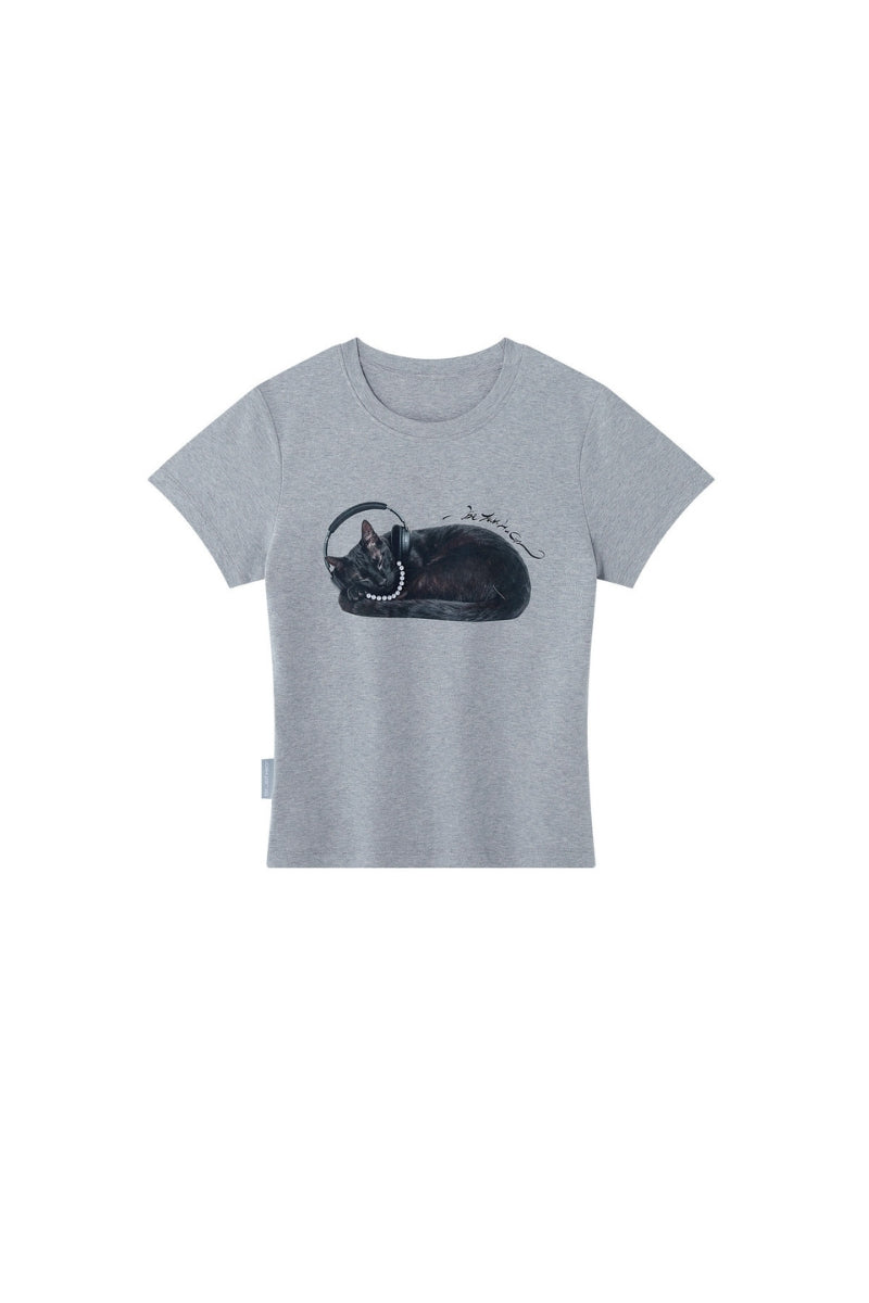 BJHG Women's Lazy Cat Straight‑Shoulder Tee