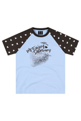 MEDM Washed Strawberry Print Raglan Polka Dot Heart T-shirt