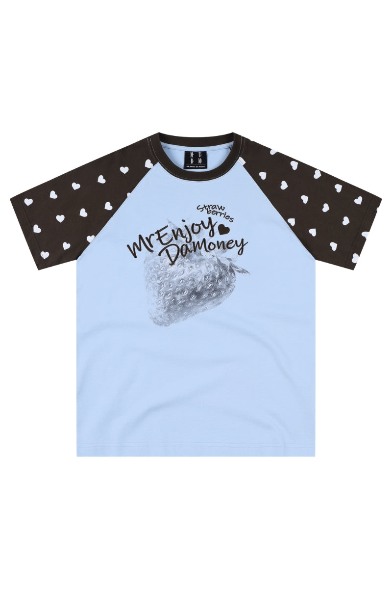 MEDM Washed Strawberry Print Raglan Polka Dot Heart T-shirt