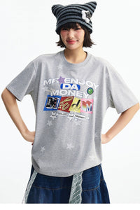 MEDM All Over Print Star Letter Embroidery T-shirt, Loose Crew Neck Couple Tee