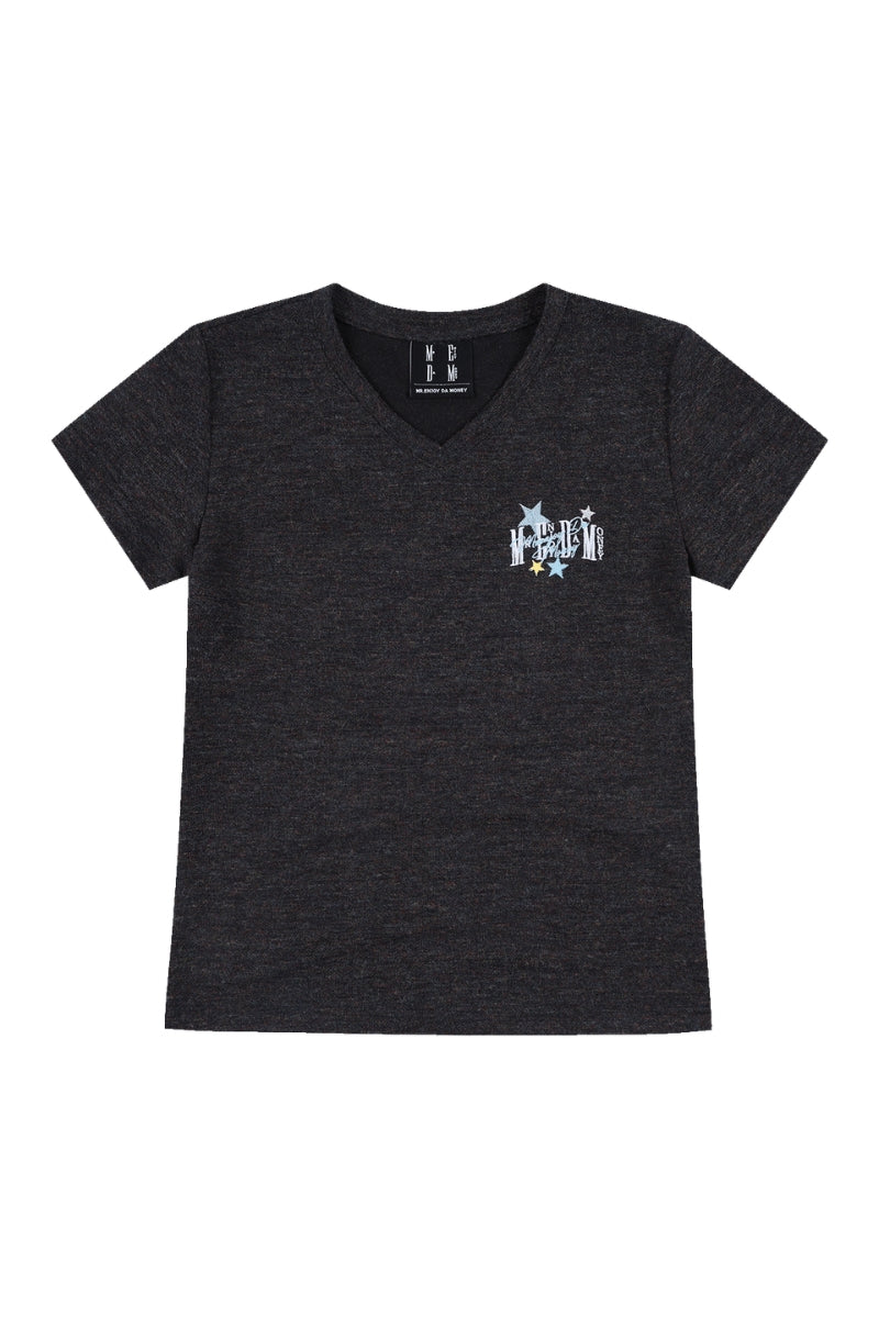 MEDM Cropped V-Neck Star Swirl Patch Embroidery Slim Top