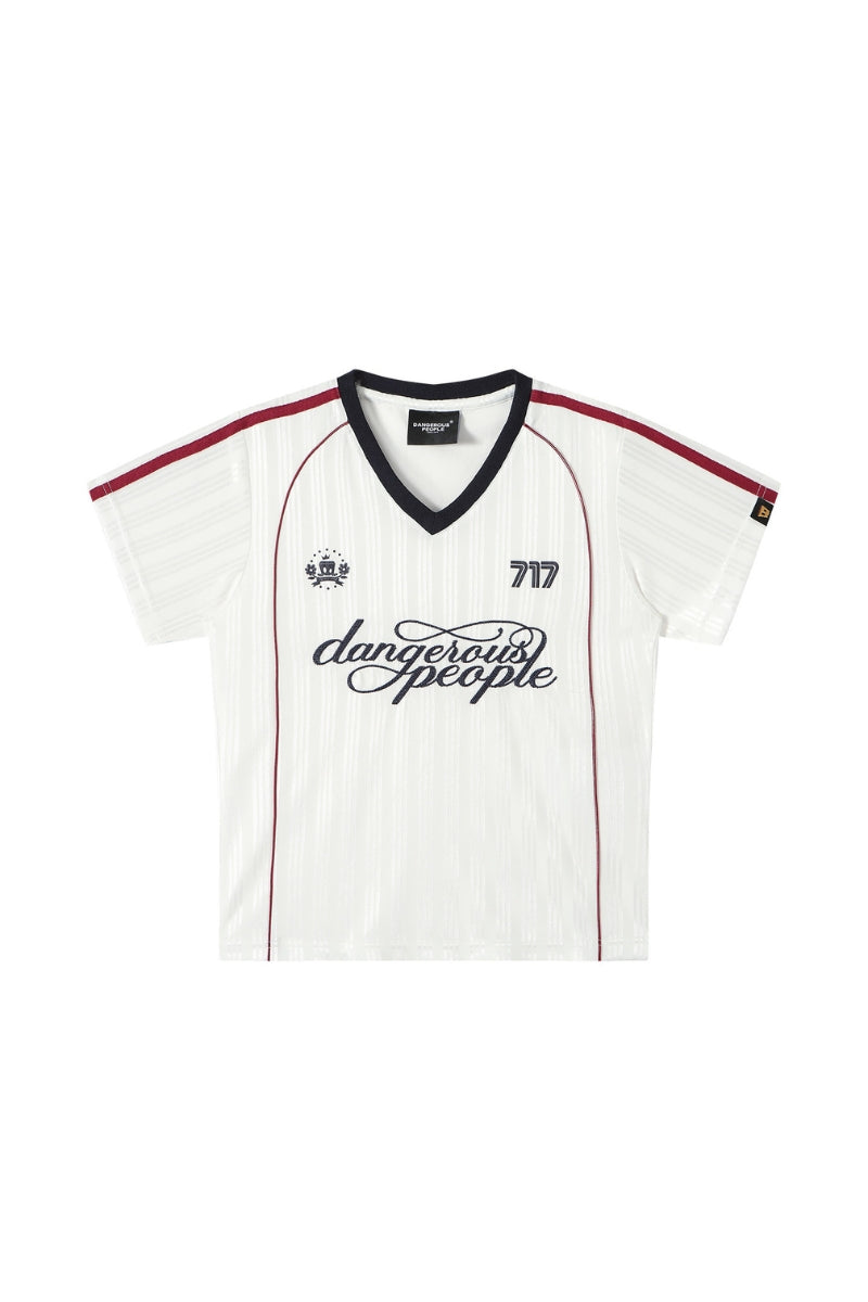 DangerousPeople DSP Color‑Block V‑Neck Letter Print Retro Sport Women Casual T‑Shirt