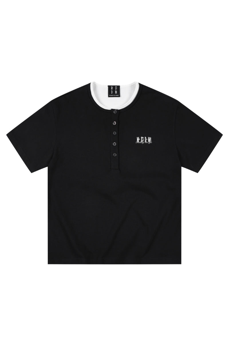 MEDM Henley Embroidery Fake Two-Piece Tee