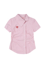 MEDM Heart Embroidery Plaid Cropped Shirt Women Slim Short Sleeve Top