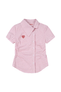 MEDM Heart Embroidery Plaid Cropped Shirt Women Slim Short Sleeve Top