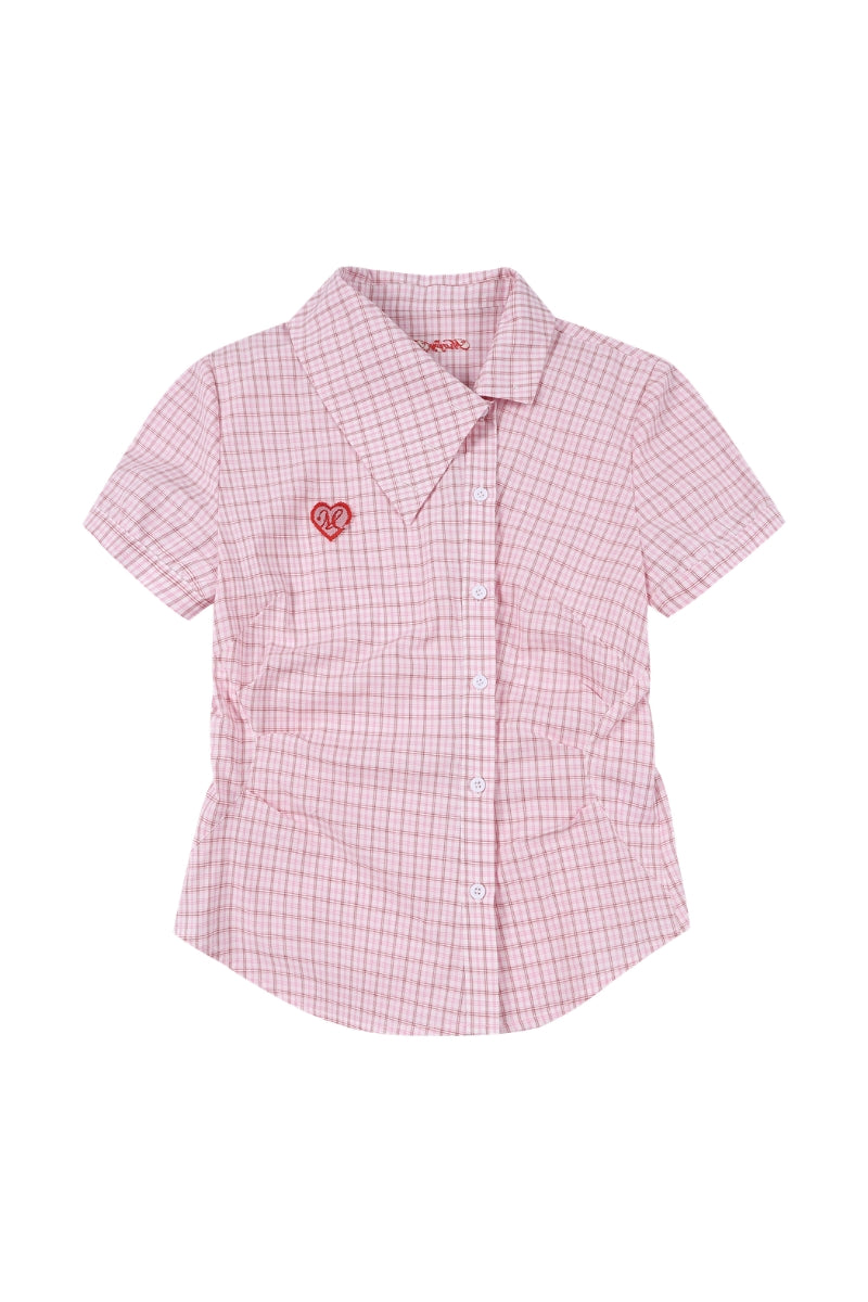MEDM Heart Embroidery Plaid Cropped Shirt Women Slim Short Sleeve Top