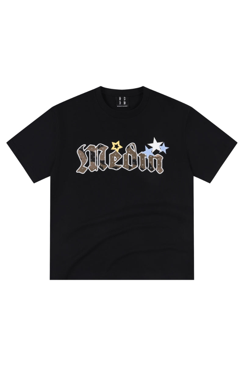 MEDM Leather Star Camo Dot Patch Embroidery Men Heavyweight T-Shirt
