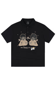 MEDM 3D Angel Glitter Star Contrast Oversized Couple Polo