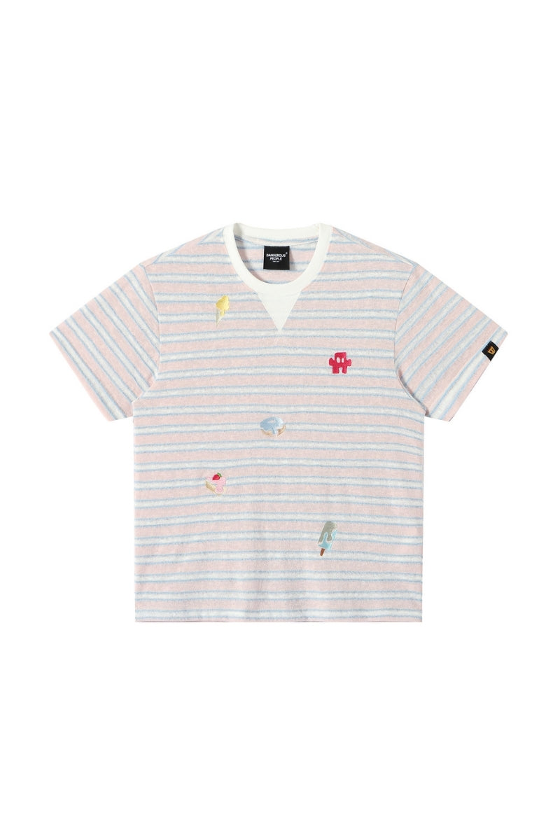 Dangerouspeople DSP Fun Embroidery Dessert Stripe Drop‑Shoulder Unisex T‑Shirt
