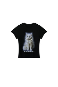 BJHG Exquisite Cat Print True‑Shoulder Fitted Tee Women Summer Designer Short Sleeve Top