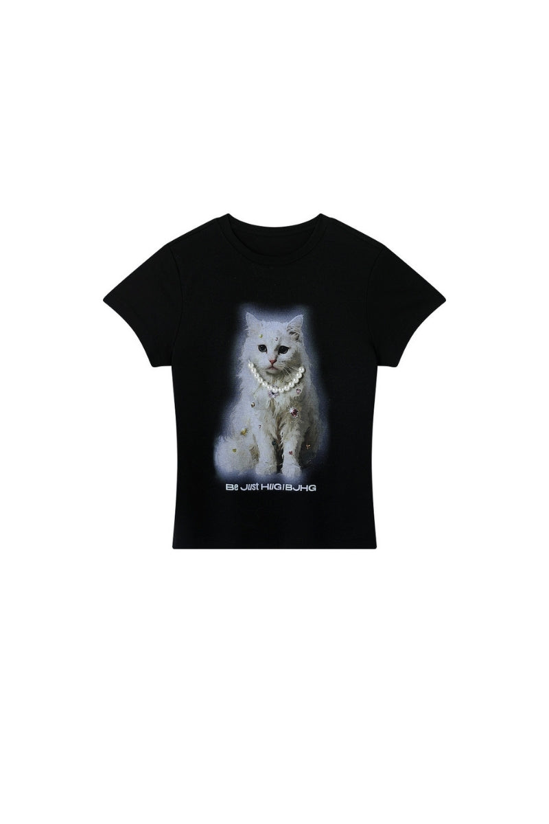 BJHG Exquisite Cat Print True‑Shoulder Fitted Tee Women Summer Designer Short Sleeve Top