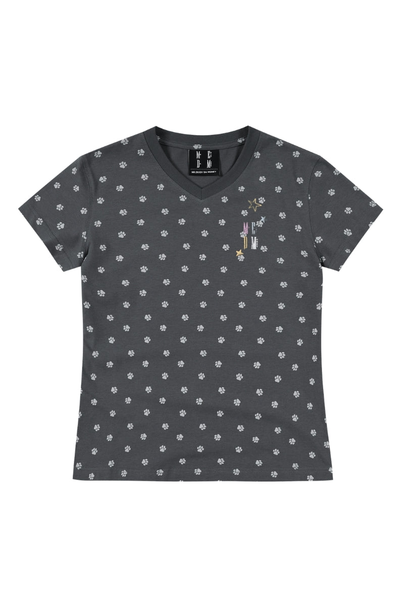 MEDM Cropped V-neck Puppy Paw All Over Print Women's Slim Tee