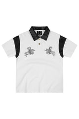 MEDM Letter Embroidered Waffle Spliced Leather Polo T-Shirt