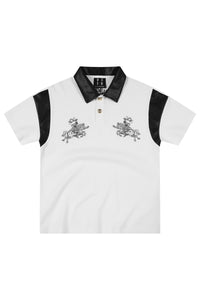 MEDM Letter Embroidered Waffle Spliced Leather Polo T-Shirt