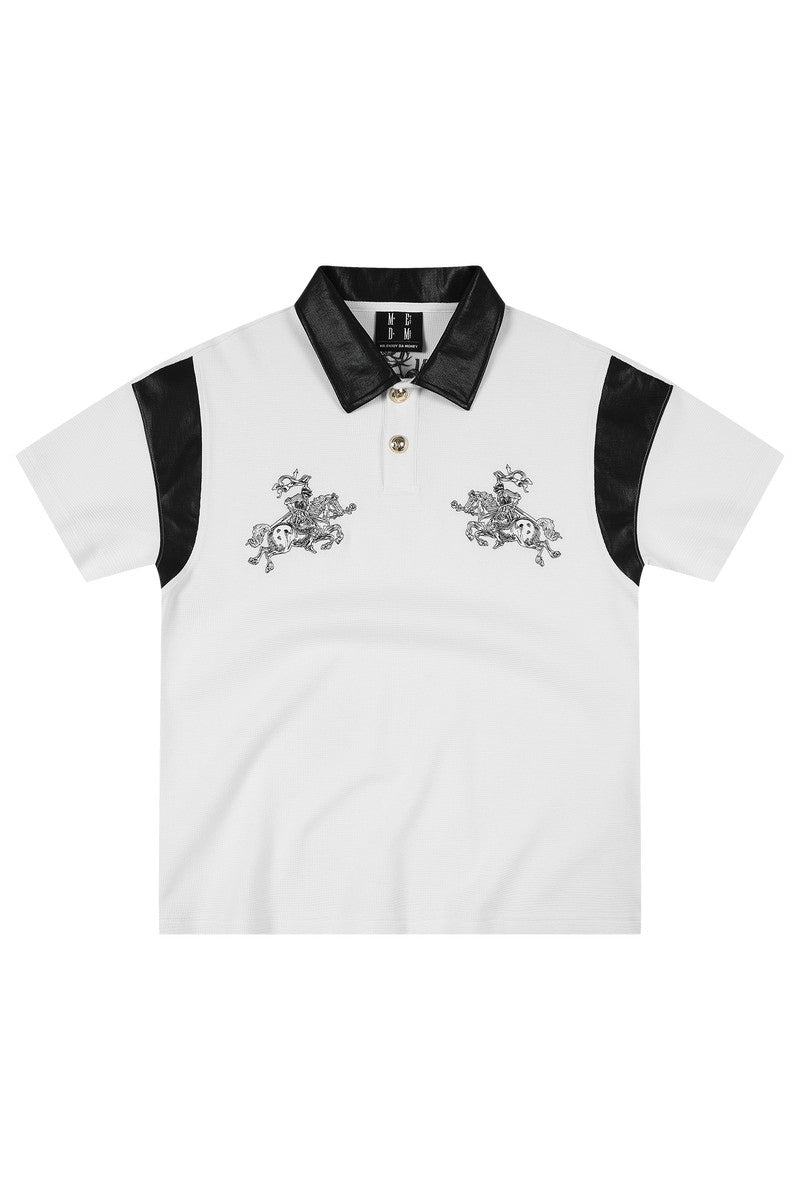 MEDM Letter Embroidered Waffle Spliced Leather Polo T-Shirt