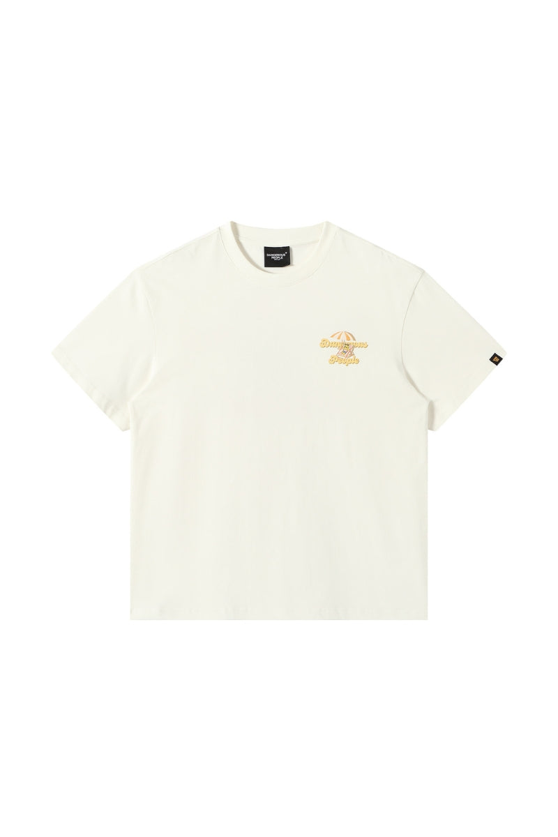 DangerousPeople｜Sunset Beach Small‑D Print Drop‑Shoulder Couple T‑Shirt