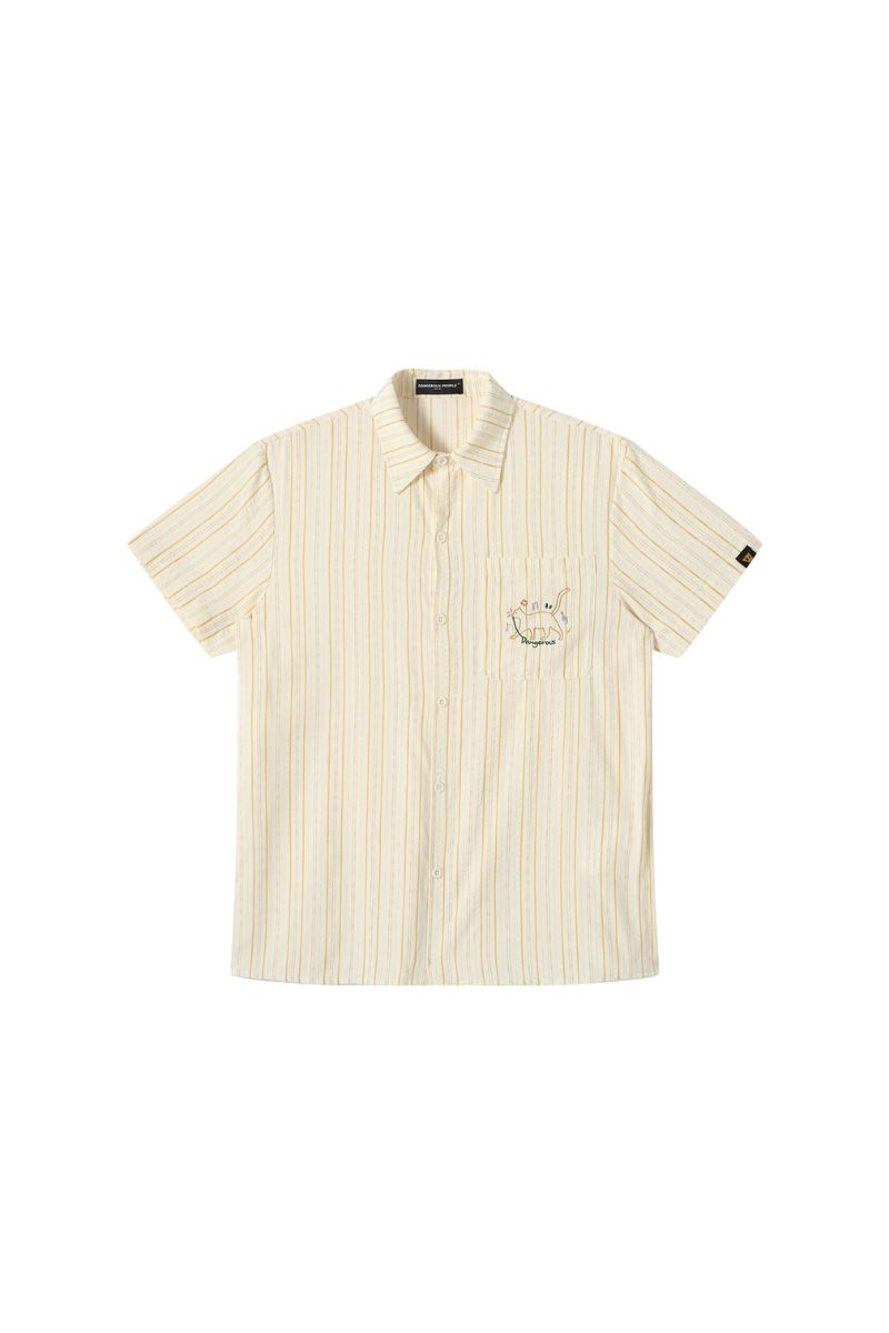 Dangerouspeople DSP｜Retro Music Cat Stripe Seersucker Short Sleeve Shirt