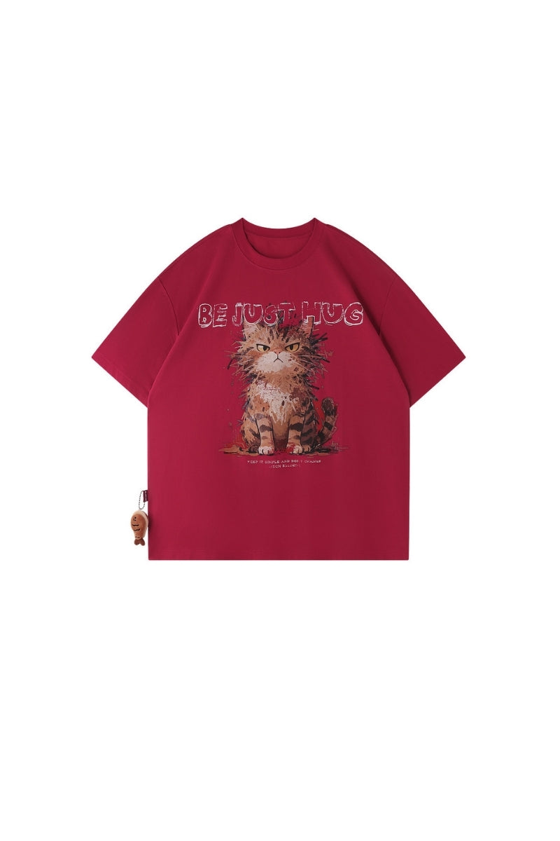 BJHG No‑Spoil Series Cat Print True‑Shoulder Fitted Tee Unisex Summer Couple Top