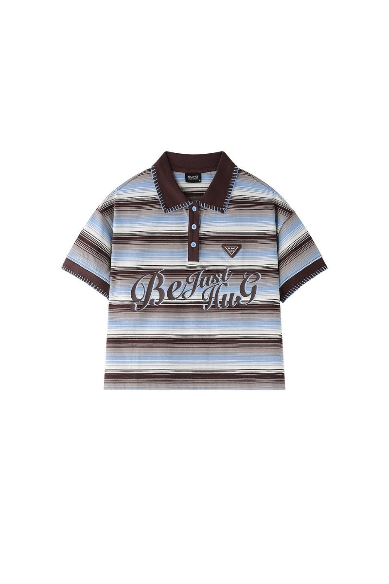 BJHG Summer Retro Women T‑Shirt Striped Collared Color‑Block Polo Casual Fashion Top