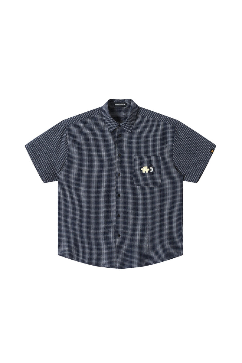 Dangerouspeople DSP｜Puzzle Patch Gingham Drop‑Shoulder Short Sleeve Shirt