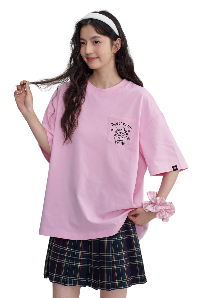 Dangerous People Cat Embroidery Pocket Tee