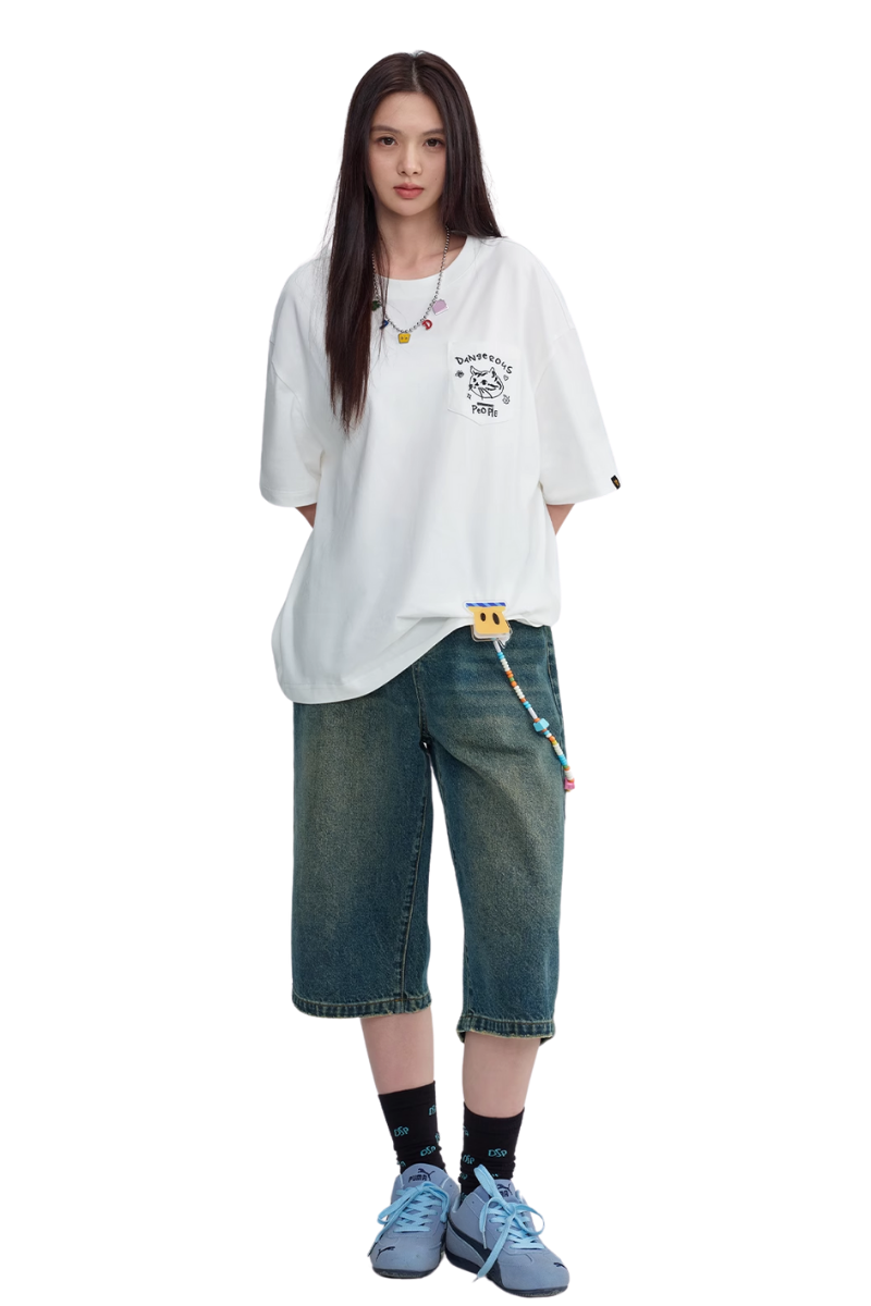 Dangerous People Cat Embroidery Pocket Tee