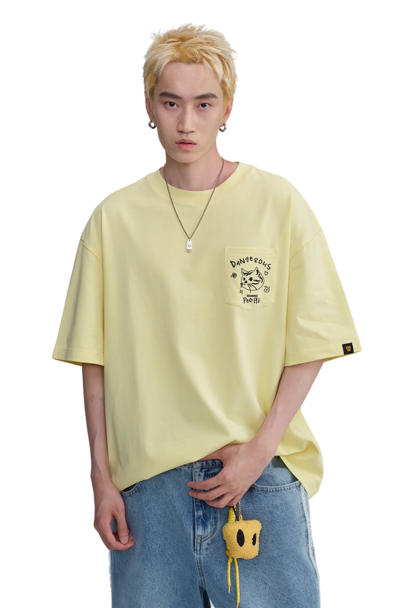 Dangerous People Cat Embroidery Pocket Tee