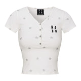 MEDM Star Print V-Neck Henley Cropped Tee