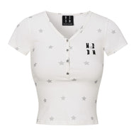 MEDM Star Print V-Neck Henley Cropped Tee