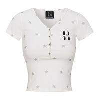 MEDM Star Print V-Neck Henley Cropped Tee