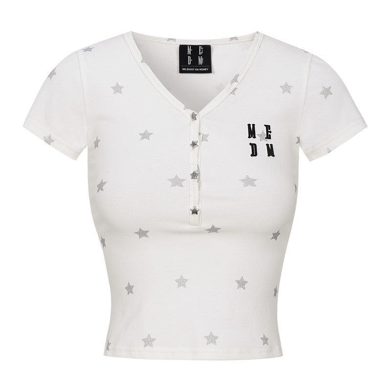 MEDM Star Print V-Neck Henley Cropped Tee