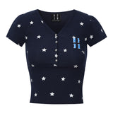 MEDM Star Print V-Neck Henley Cropped Tee