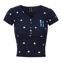 MEDM Star Print V-Neck Henley Cropped Tee
