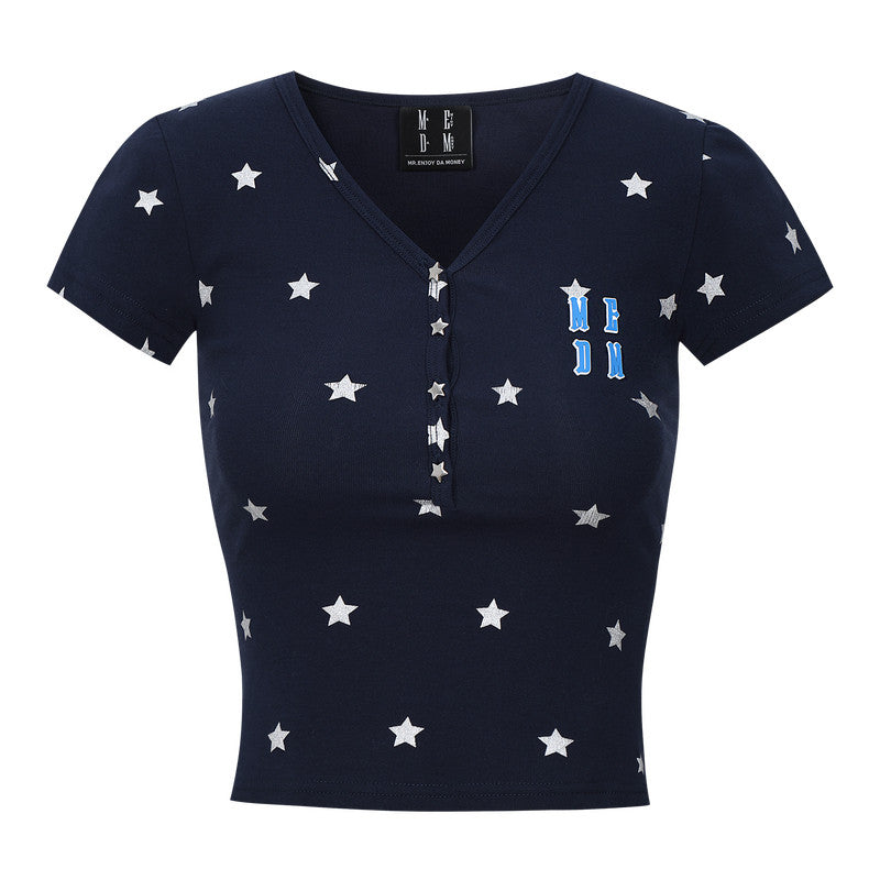 MEDM Star Print V-Neck Henley Cropped Tee