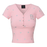MEDM Star Print V-Neck Henley Cropped Tee
