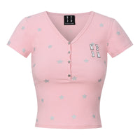 MEDM Star Print V-Neck Henley Cropped Tee
