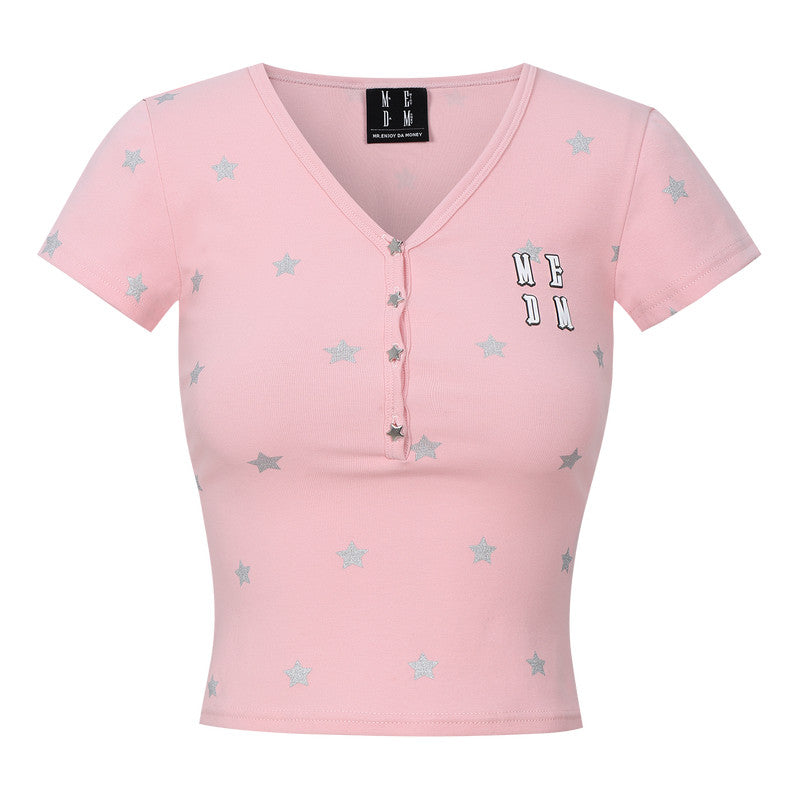 MEDM Star Print V-Neck Henley Cropped Tee