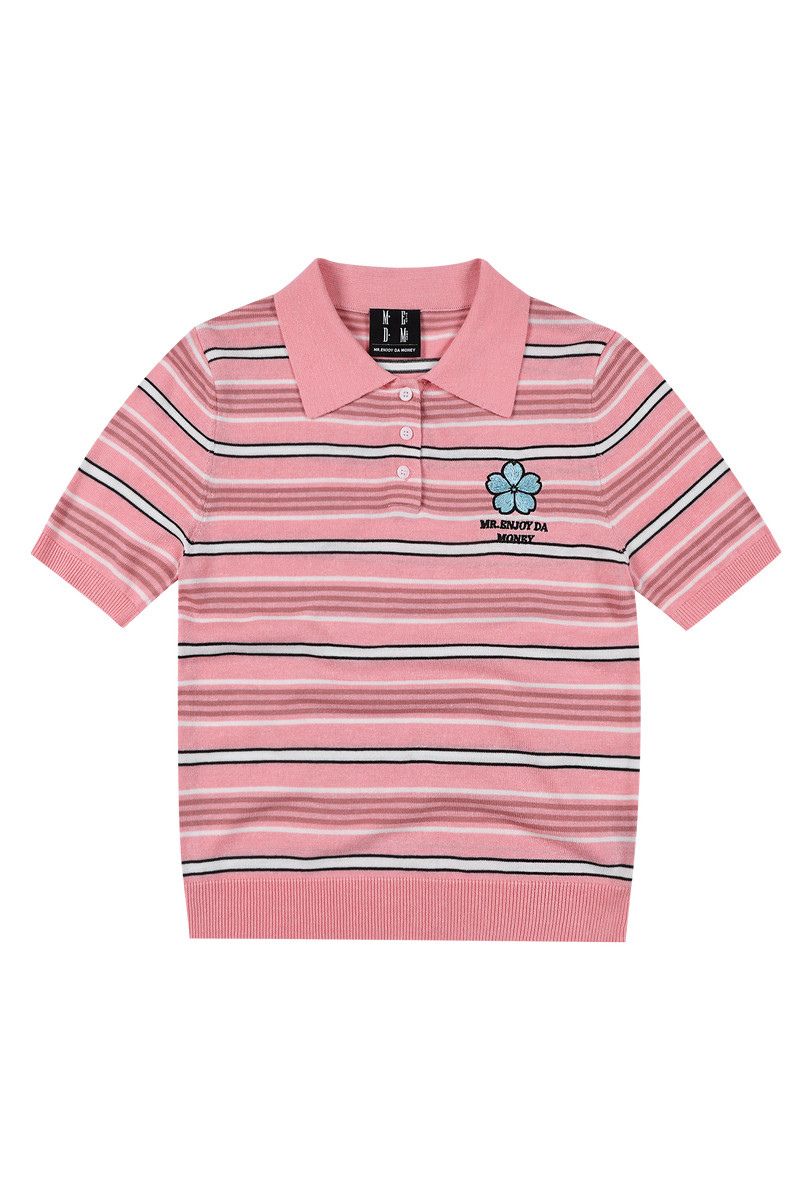 MEDM Women's Floral Stripe Knit Short Sleeve Polo Shirt