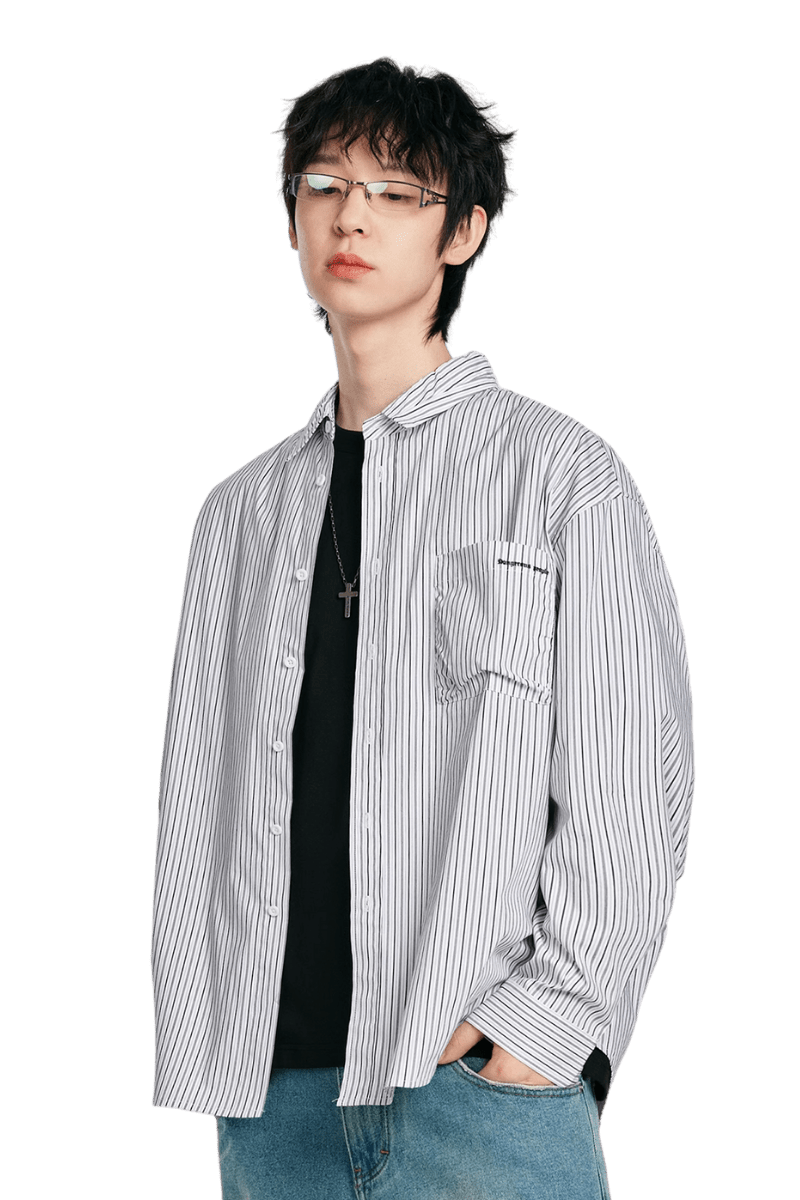 Dangerous People Vertical Striped Pocket 
Long Sleeve Shirt - ShaLaoBan