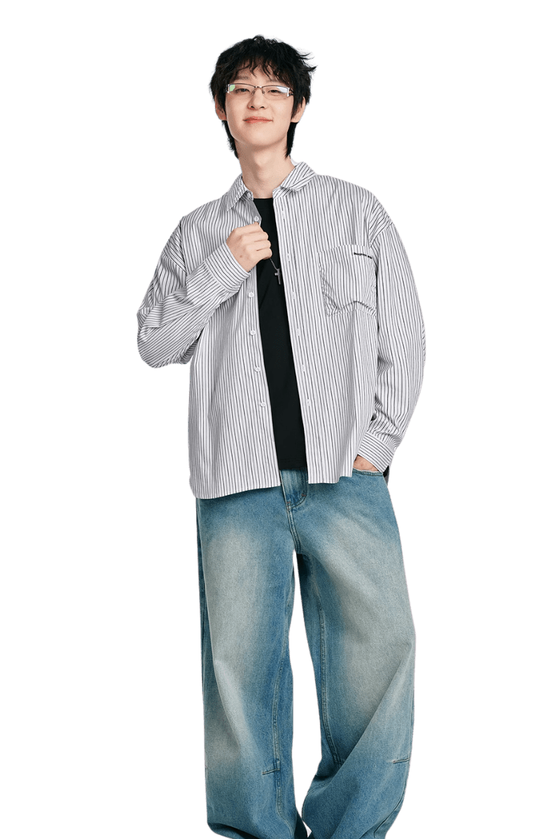 Dangerous People Vertical Striped Pocket 
Long Sleeve Shirt - ShaLaoBan