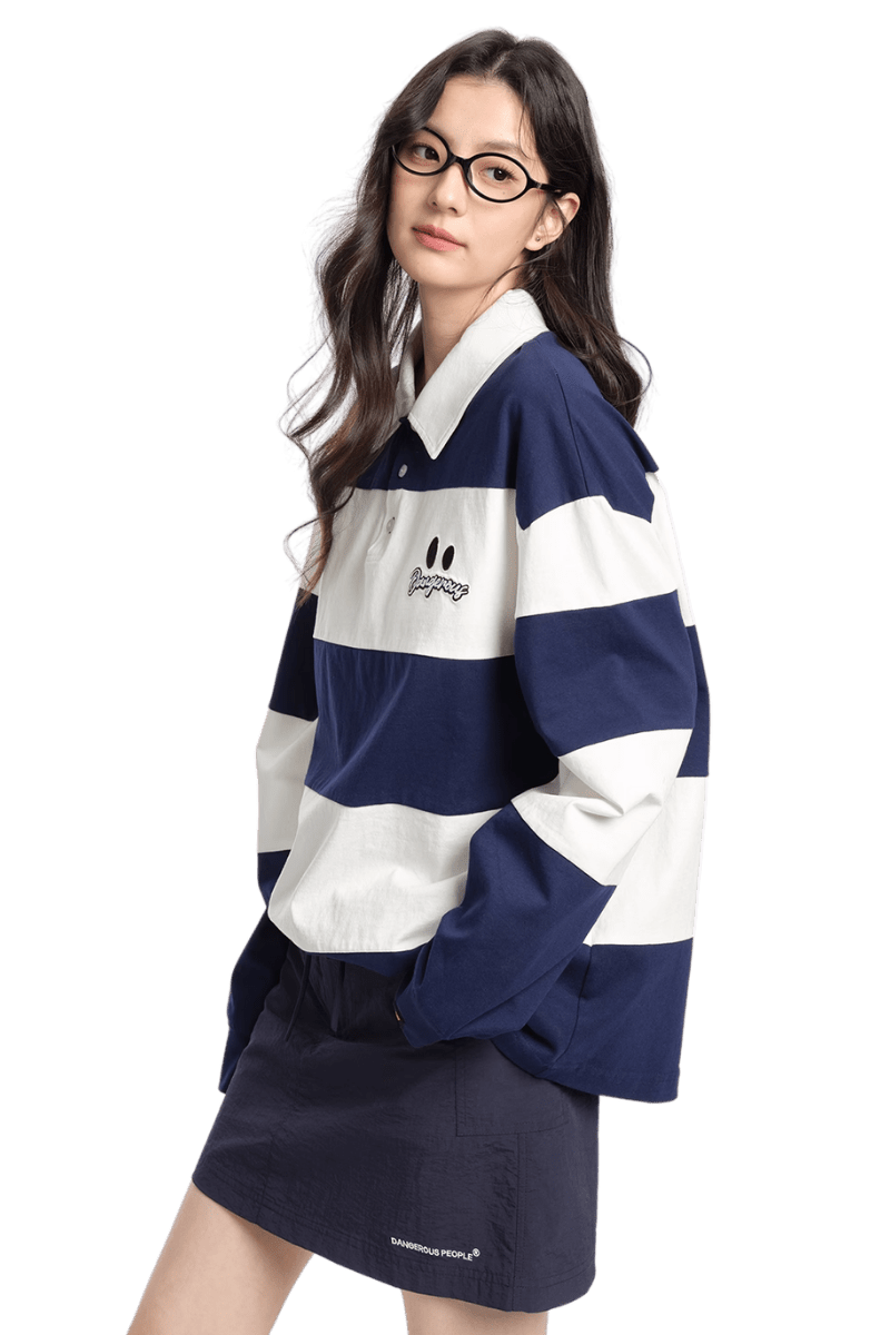 Dangerous People Wide Striped Long Sleeve Polo Tee - ShaLaoBan