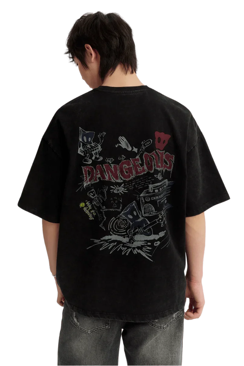 Men's Acid Wash Tee with Distressed Graphic Print featuring a bold design on the back