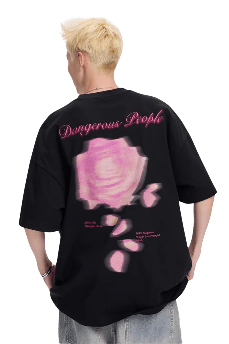 Men's Dangerous People blurred rose graphic tee featuring a vibrant pink rose design on a black background