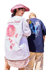 Casual loosely fitted blurred rose graphic tee by Dangerous People, featuring vibrant artwork on the back