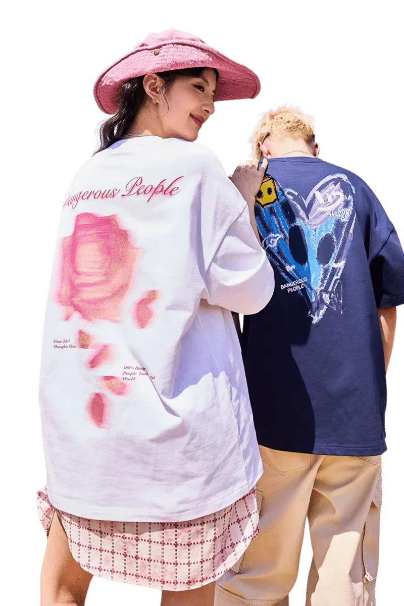 Casual loosely fitted blurred rose graphic tee by Dangerous People, featuring vibrant artwork on the back