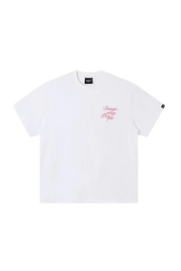 Dangerous People blurred rose graphic tee in white with front logo and relaxed fit