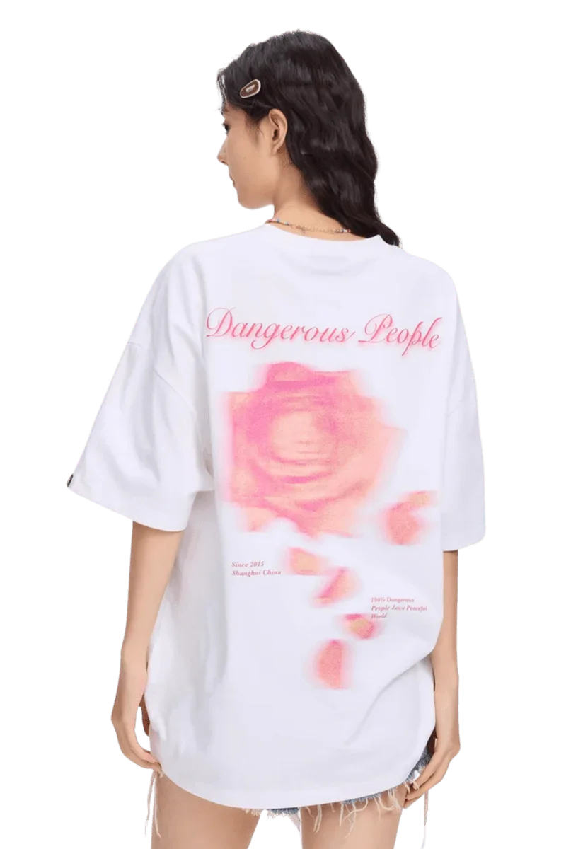 White Dangerous People blurred rose graphic tee with oversized fit and back print design