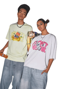 Two models wearing IDontSmoke Drinks Series Tee with colorful drink-themed graphic designs